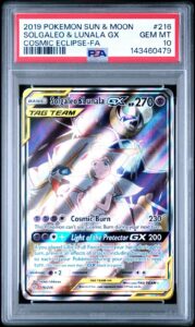 2019 POKEMON SUN & MOON COSMIC ECLIPSE #216 FULL ART/SOLGALEO & LUNALA GX PSA 10