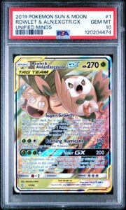 2019 POKEMON SUN & MOON UNIFIED MINDS #1 ROWLET & ALOLAN EXEGGUTOR GX PSA 10