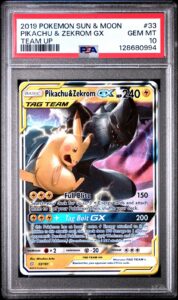 2019 POKEMON SUN & MOON TEAM UP #33 PIKACHU & ZEKROM GX PSA 10
