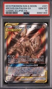 Pokemon Arceus & Dialga & Palkia Gx Cosmic Eclipse Full Alt Art 221/236 PSA 10
